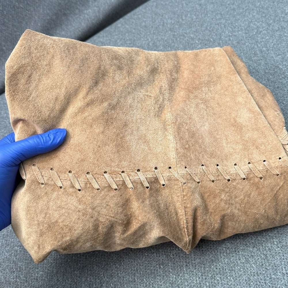 Chico's brand tan suede leather skirt whipstitch ruffled hem size 1 - Picture 17 of 17